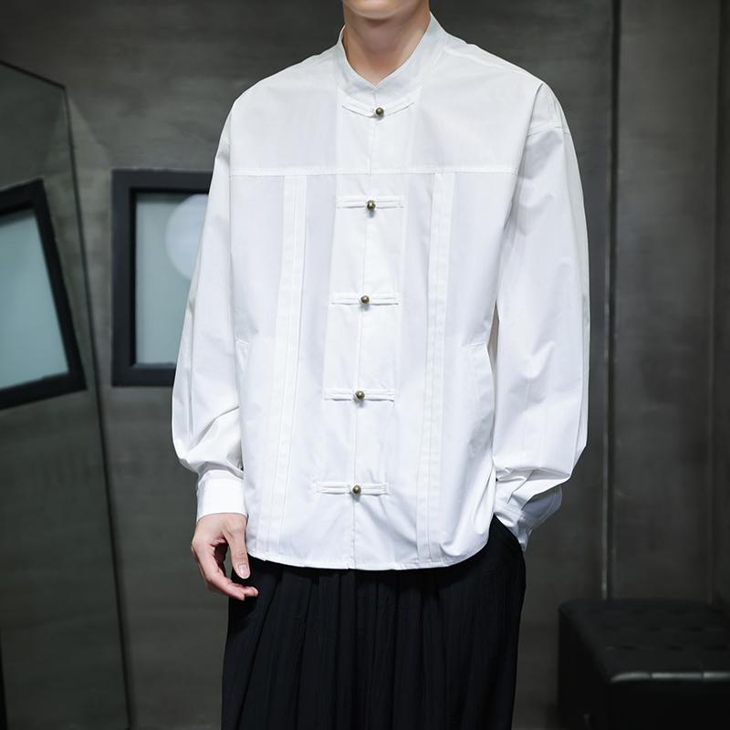 Camisa de Otoño para Hombre Cuello Mao Camisas Oversize Hombre Manga Larga Camisas Estilo Chino Formal Negro Blanco Casual Tops Retro