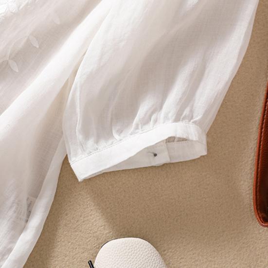 Dámská košile s výstřihem do O, polorukáv, halenka s volným střihem, jednobarevná výšivka, krajka, květinový vzor, ​​retro košile