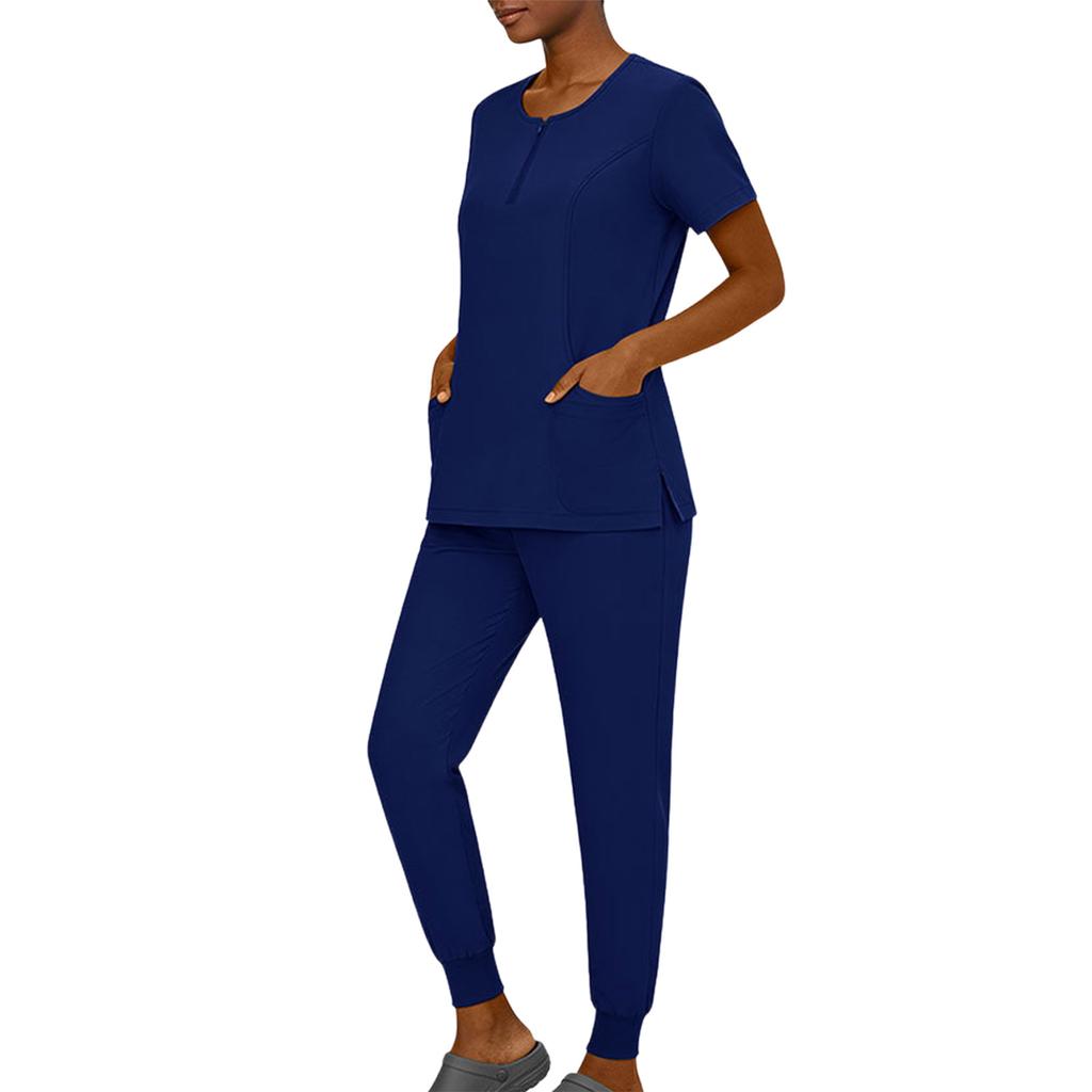Women's Short Sleeved Color Round Neck Pocket Top Pants Work Clothes Two Piece Set