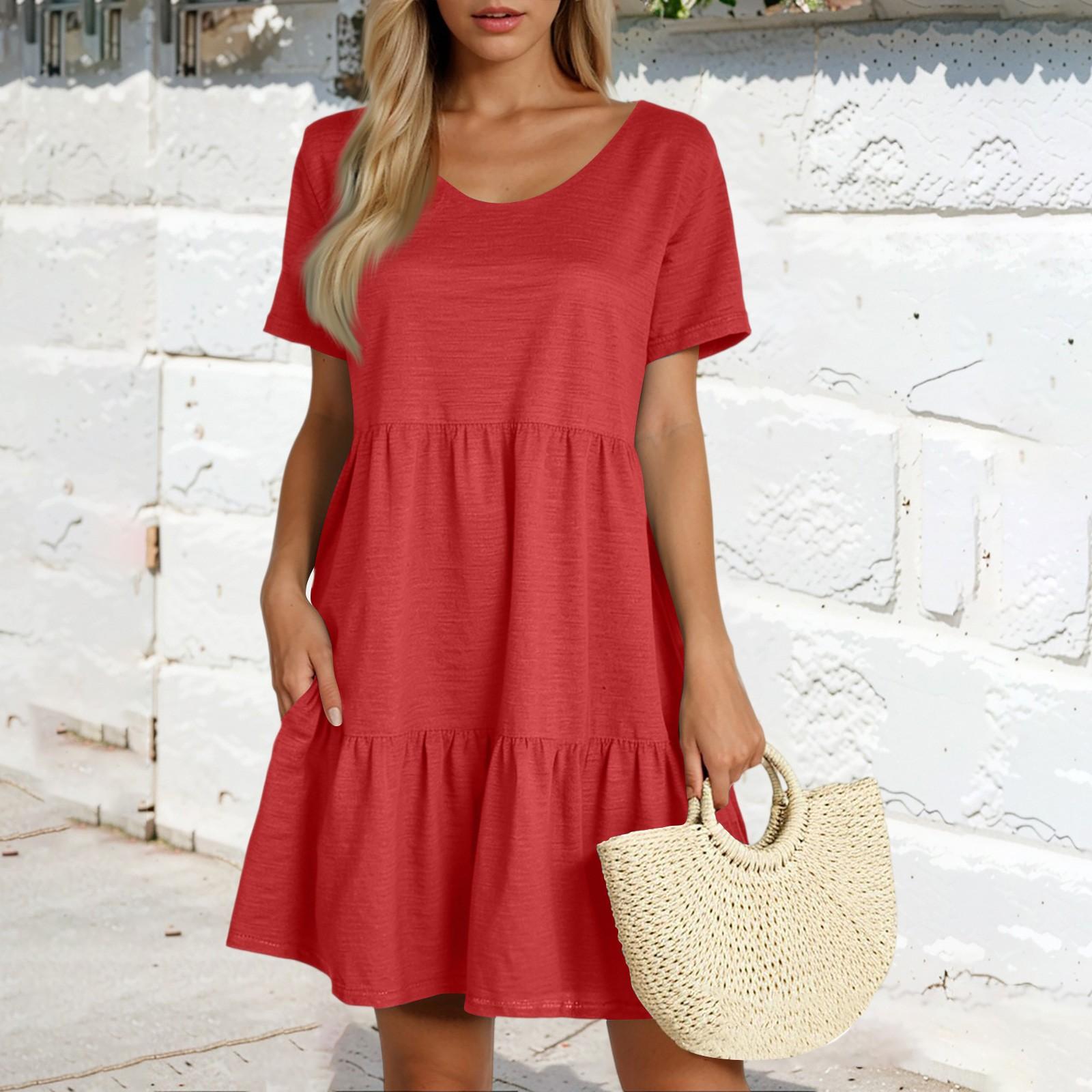 Women s Casual Fashion Round Neck Short Sleeve Color Cake Skirt XXL красный