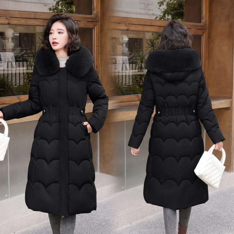 

Fur collar down cotton jacket women s over the knee 2025 winter slim long cotton jacket thickened jacket 3XL чорний