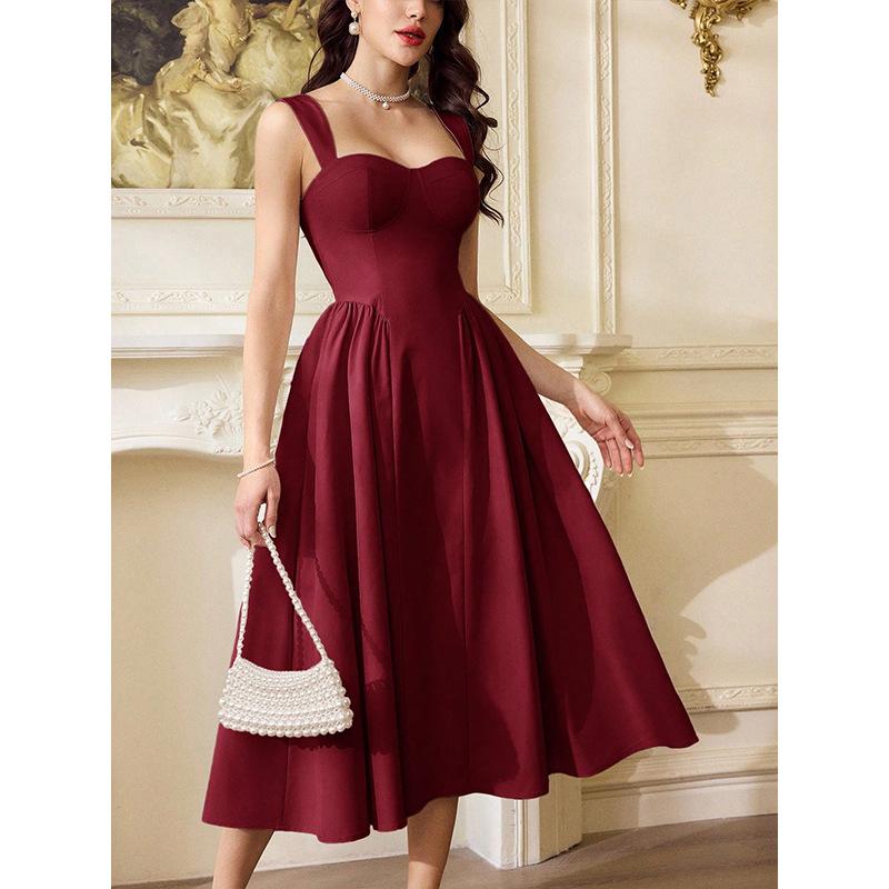 Cross-border women s clothing high-end burgundy dress temperament square collar waist A-word suspender backless banquet evening dress S
