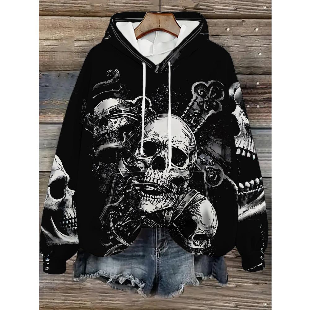 Women's Fashion Skull Print Sweatshirt, Casual Polyester Top, Street Style Long Sleeve Pullover, Casual Daily Wear
