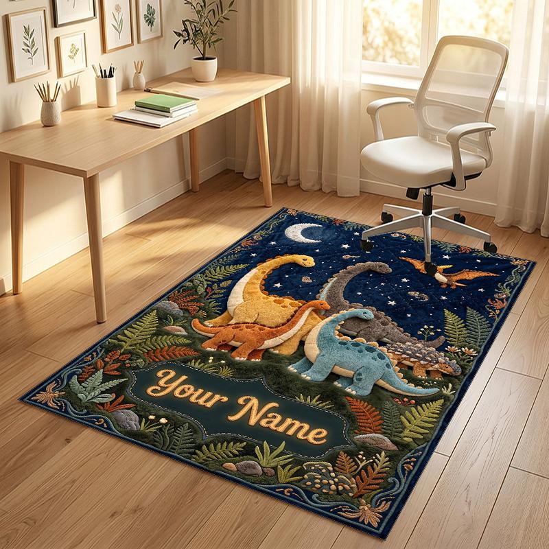 Dinosaur Theme Crystal Velvet Rug Personalized Custom Name Text Soft Floor Mat Home Decor