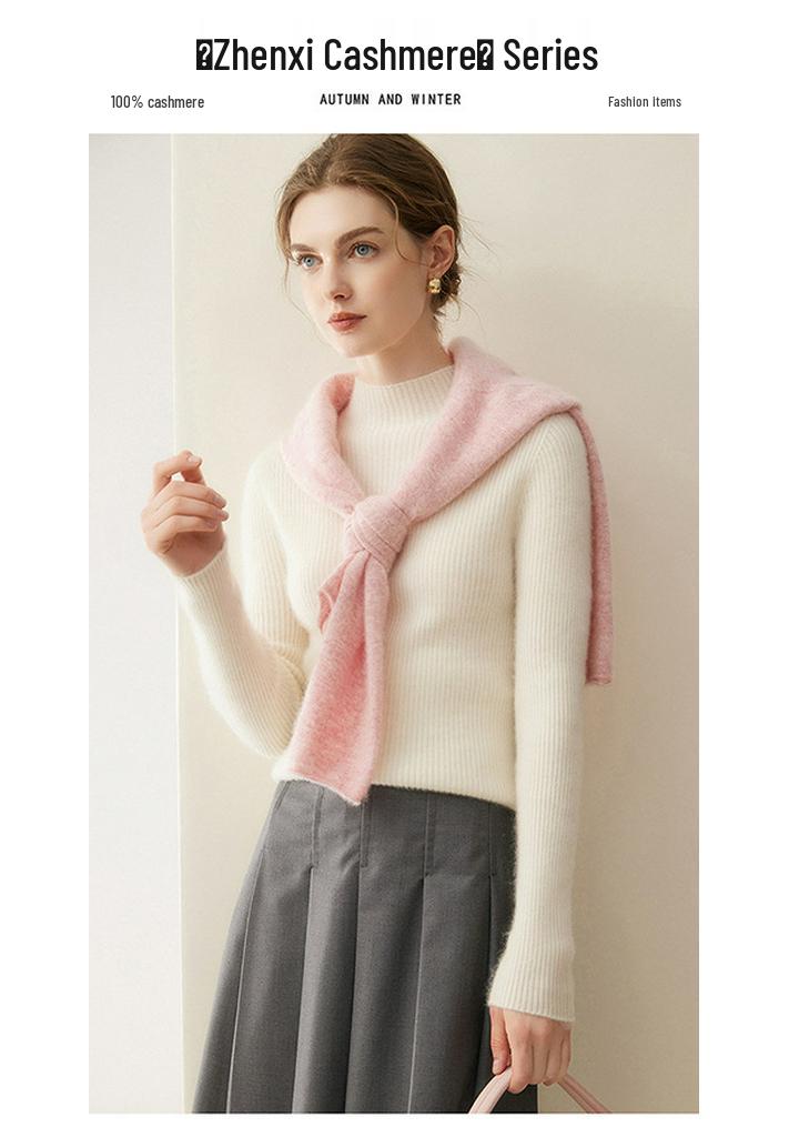 Women's 100% Cashmere Long Sleeve Knit Sweater - Half-High Neck, Tight-Fitting, Versatile Base Layer for Autumn/Winter.