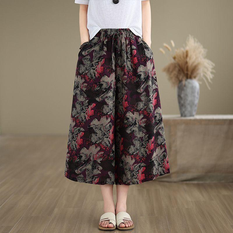 Ethnic Style Ice Silk Floral Wide Leg Pants Summer Loose Casual Seven Quarter Straight Leg Pants