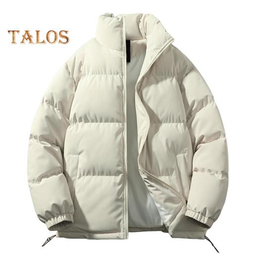 Women Men Cotton Coat Stand Collar Long Sleeve Drawstring Hem Puffer Jacket with Pockets Loose Fit Warm Winter Outerwear