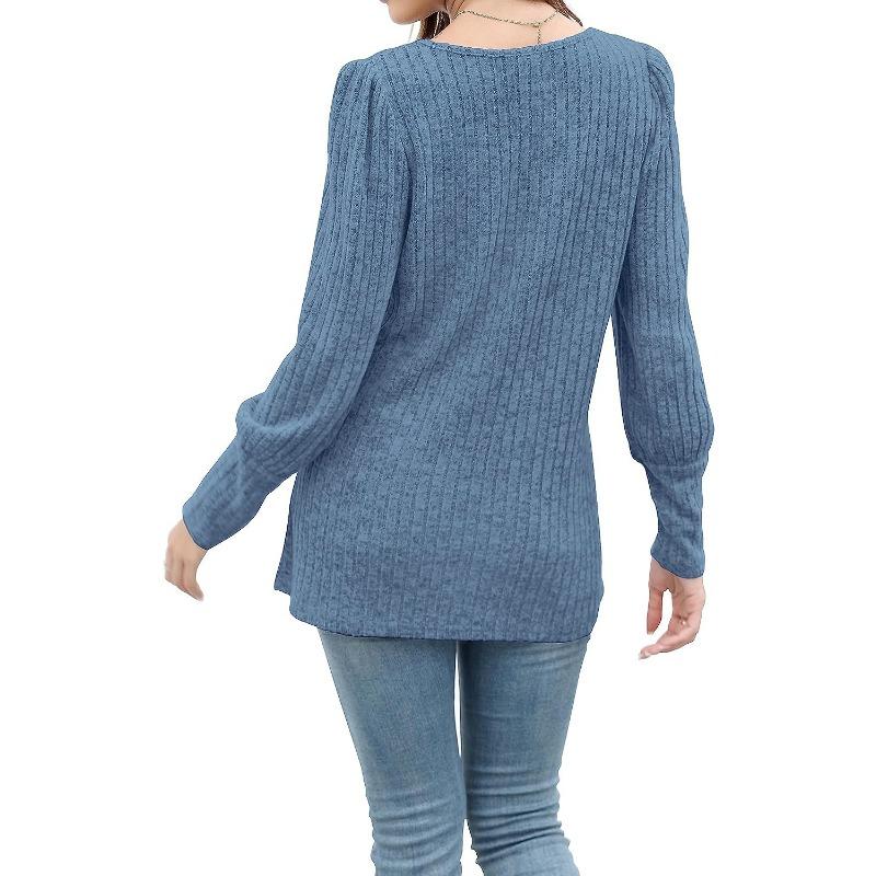 Herbst und Winter Damen-Bluse, Strickwaren mit Schnalle, quadratischer Ausschnitt, einfarbig, Langarm-Tops
