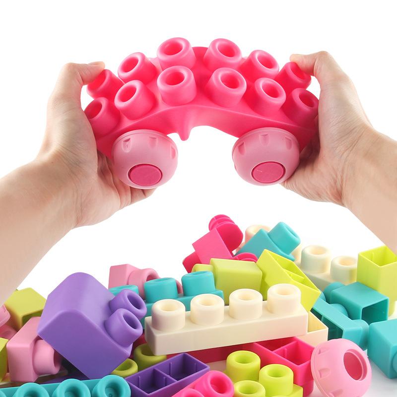 Çocuk 50 Adet Büyük Parçacıklı Yumuşak Kauçuk Yapı Bloğu Montajı Kendin Yap Oyuncak Eğitici Bilim ve Eğitim Yapı Bloğu Saklama Kutusu Seti