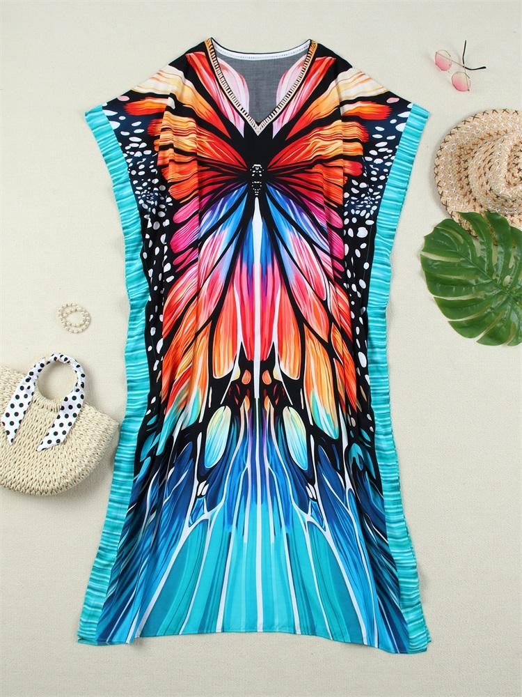 EDOLYNSA Boho Butterfly Print V-neck Plus Size Kaftan Women Vacation Beach Dress 2025 Summer Swimwear Cover Up Loose Cozy Homewear Q1674