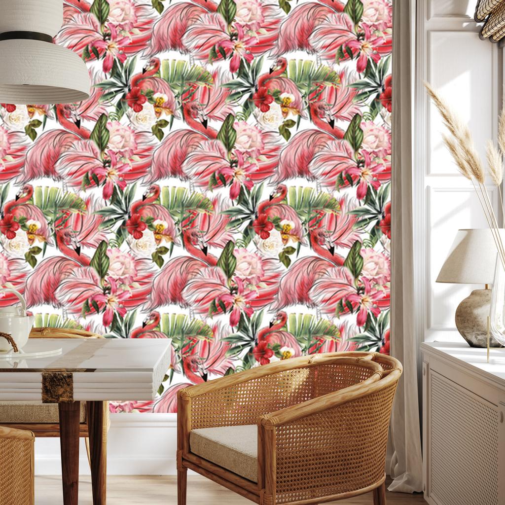 Flamingos roses flowers and leaves wallpaper for living room and bedroom 50x1000