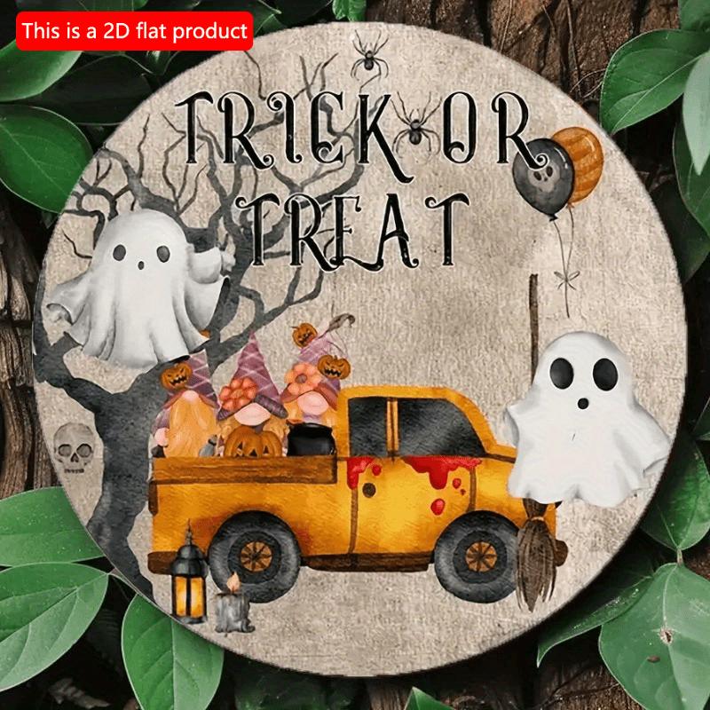 2d Flat 20*20cm, Halloween Home Decoration, "trick or Treat" Wooden Circular Signs, Creative Decorative Signs, for Home, Kitchen, Garden, Bar Decor.