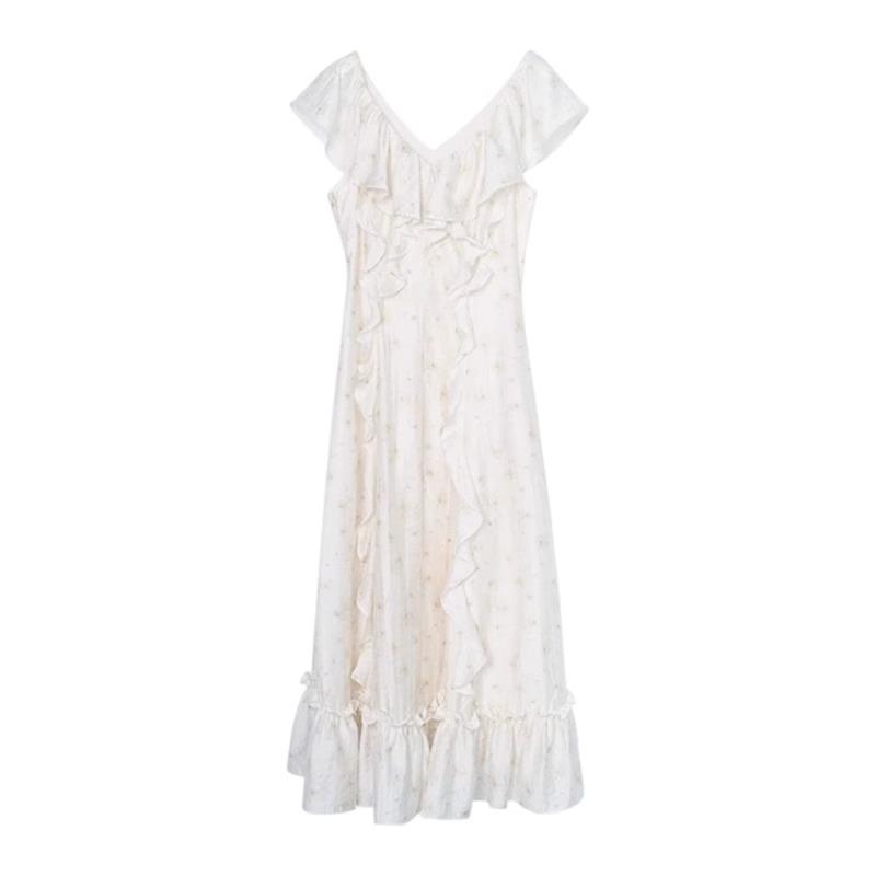 New Ruffle Leaf Edge V-neck Yellow Floral Dress Children's Summer French Gentle Temperament Waist Dress