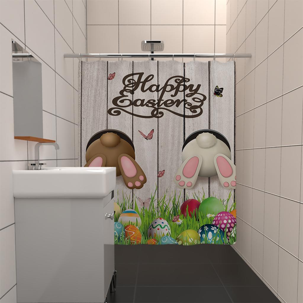 1PC Easter Bunny Easter Egg Decoration Shower Curtain, Playful rabbit theme With 12 hooks,Spring Holiday Bathroom Decoration