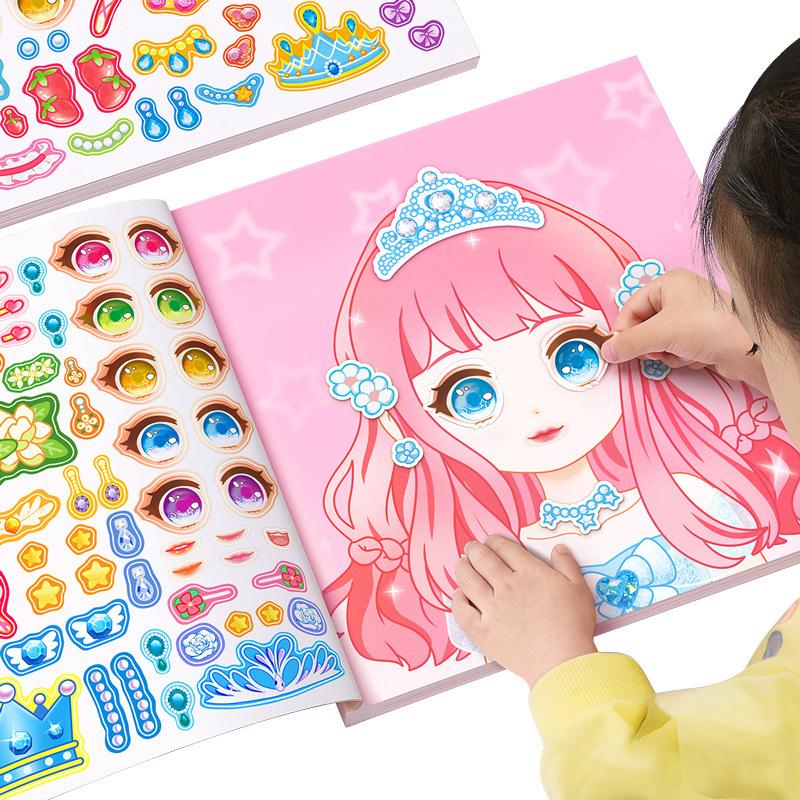 Stickers Book Handicrafts Creative Kids Stickers 15 Pages Toy Puzzle Reusable For Girls Cartoon Princess Make A Face Stickers
