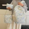 3 Pcs/Set Floral Backpack Women Flower Rucksack Shoulder Bag Makeup Pouch Quilted Daypack for Girls School Work Travel