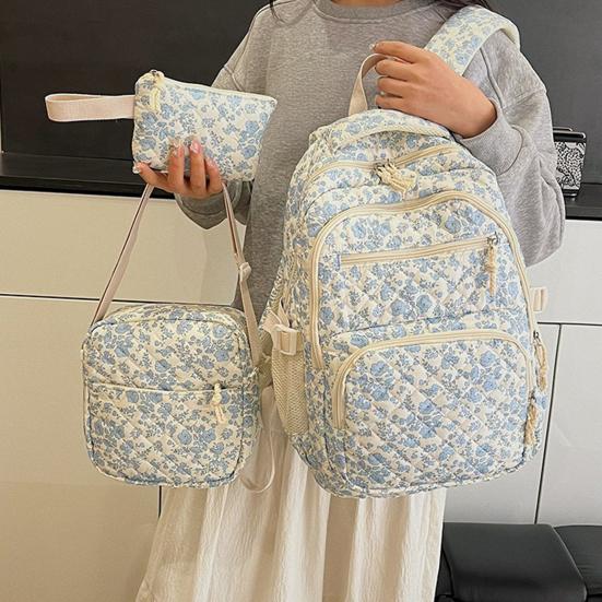 3 Pcs/Set Floral Backpack Women Flower Rucksack Shoulder Bag Makeup Pouch Quilted Daypack for Girls School Work Travel