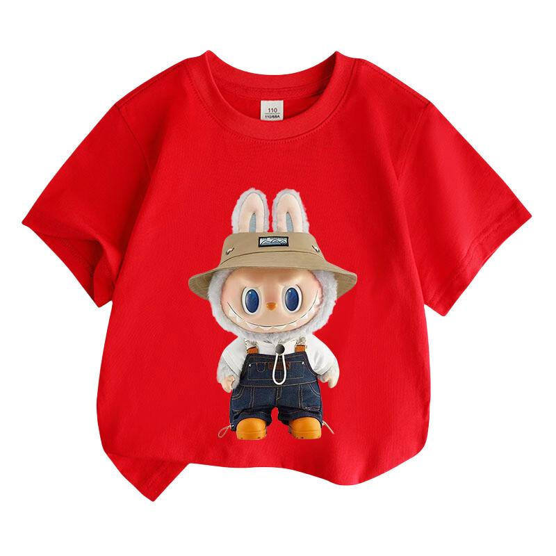 Labubu Children's T-shirt Cute Monster Cartoon Girl Round Neck Short Sleeved T-shirt Fashionable Versatile Style Top
