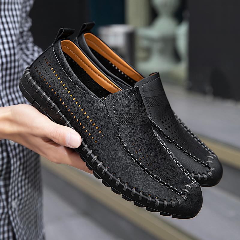 Men Loafers Brown Hiking Shoes Slip On Handmade Driving Shoes Casual Leather Wide Outdoor Summer Shoes for Father Plus Size