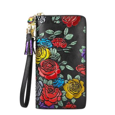 Fashion Design Characteristic Pattern Printing Embossing Women's Wallet Genuine Leather Zipper Large Multi Card Wallet Wrist Clutch