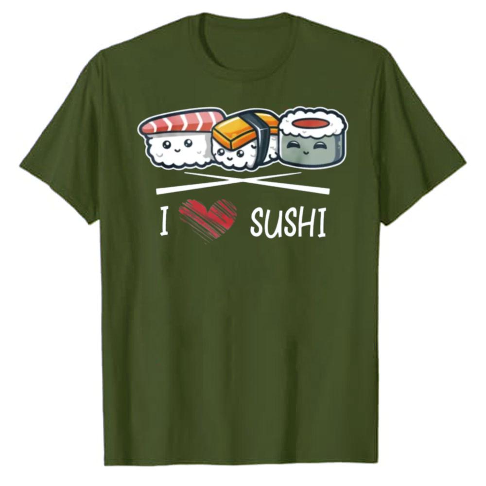 I Love Sushi Red Heart Cute Cartoon Nigiri Sushi Graphic Cotton Tshirt Food Lover Retro Streetwear Short Sleeve Daily Casual Tee