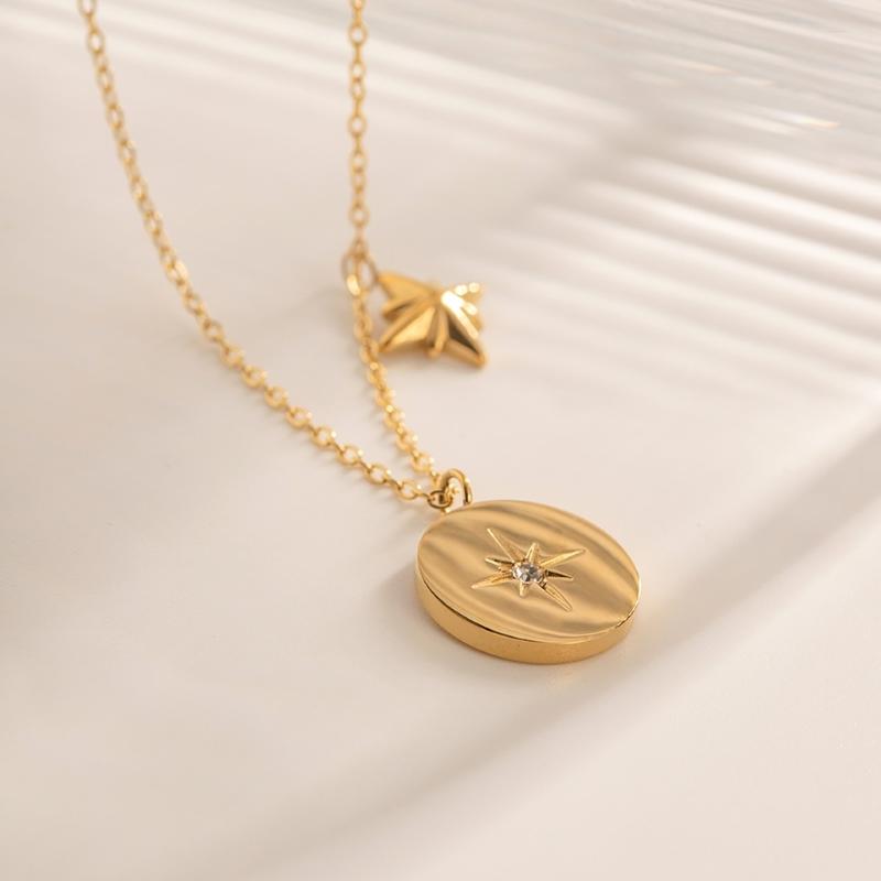 Stainless Steel Pendant Necklace Cubic Zirconia Charm Neckchain Unisex Clavicle Chain Gold Plated Waterproof Jewelry