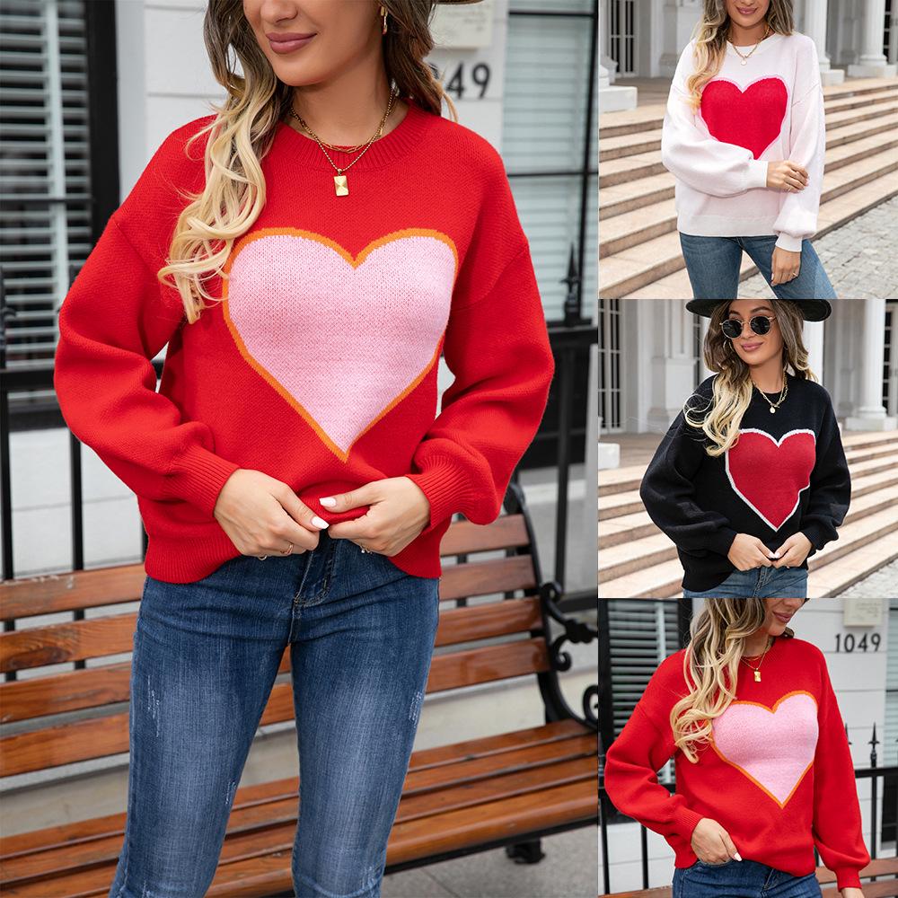 2026 Winter Valentine's Day Heart Pattern Round Neck Knit Pullover Sweater for Women - Plus Size Available