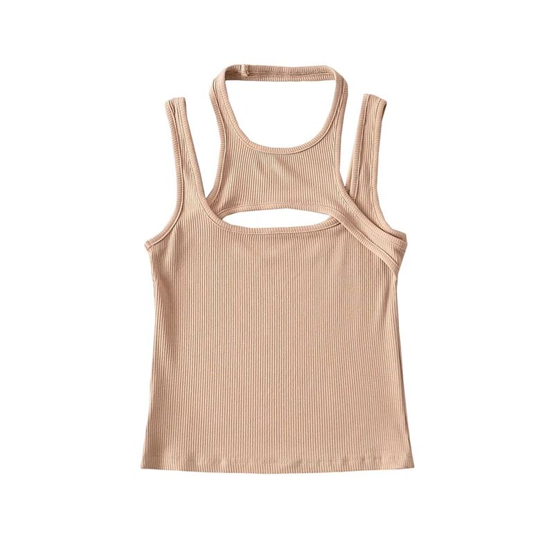 

Fashion Summer New Sleeveless Women s Vest Cross Cut Out Dislocation Asymmetric High Waist Silm Stretch Sexy Tops Khakis M
