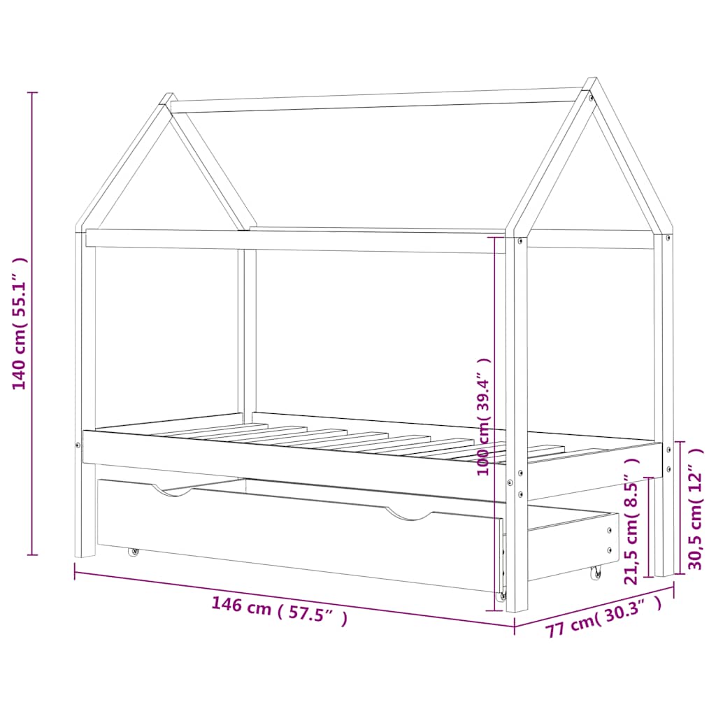 Vidaxl Estructura de Cama Infantil con Cajón, Blanca, Pino, 70X140 Cm
