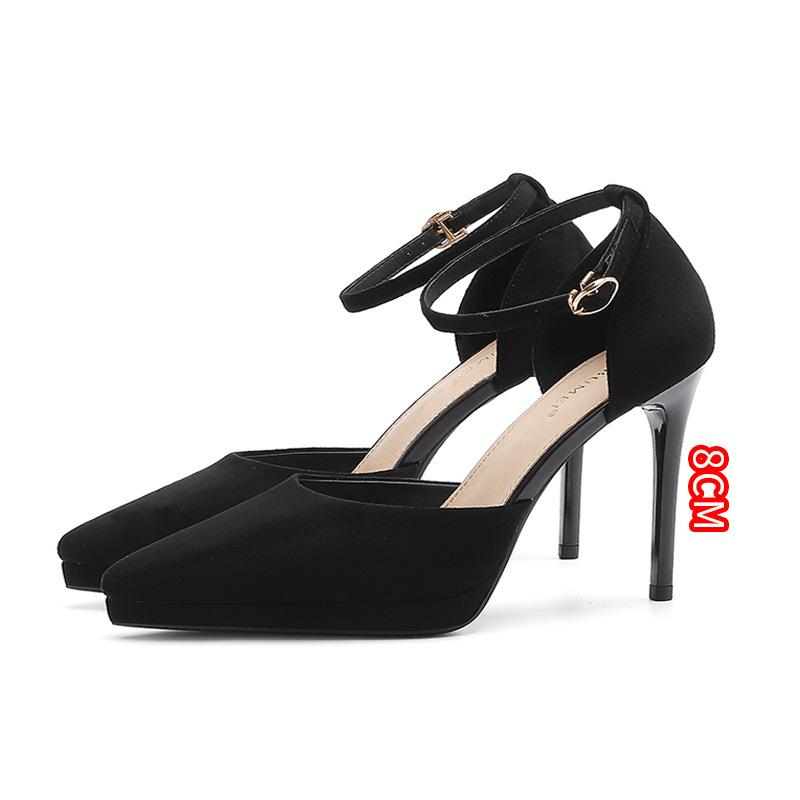 8-1 Pointed Thin Heel High Heels Baotou Hollow High Heel Sandals Waterproof Table Suede Sandals Women
