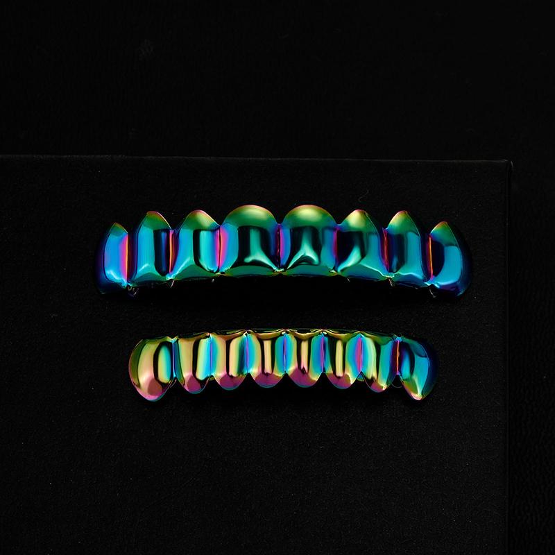 Blues Brass Rainbow Color 8 Top 8 Bottom Teeth Grillz Unisex for American Hip Hop Halloween Party Gift