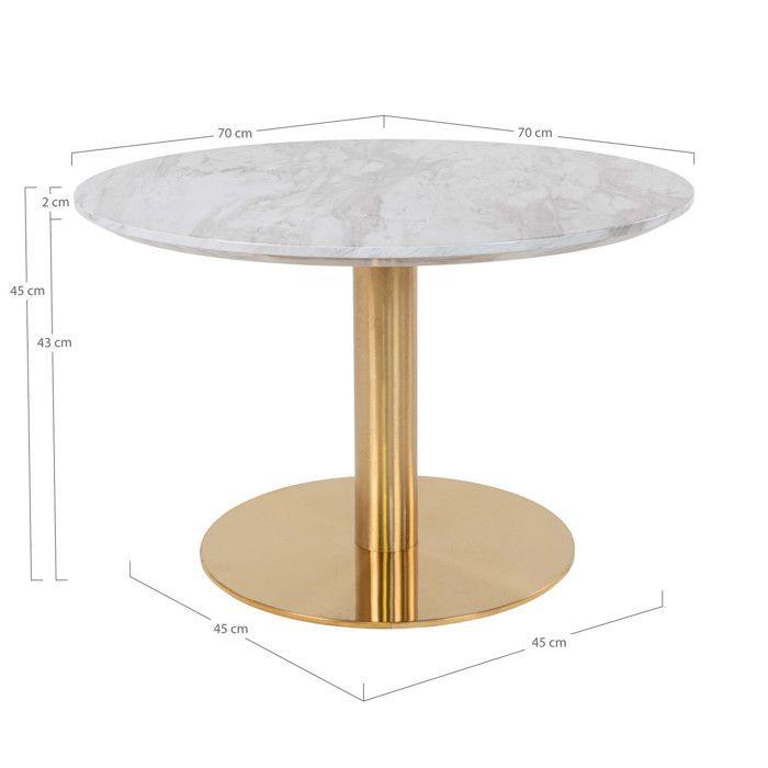 Bologna Table basse Ø70 cm aspect marbre, pieds en laiton, blanc.