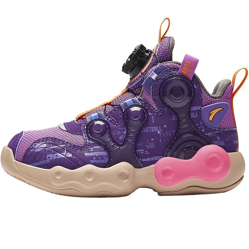 Anta Kids Asymmetrical Synthetic Leather Trendy Cool Non-Slip Durable Mid-Top Basketball Shoes Kids basketball shoes Purple A12449901-3