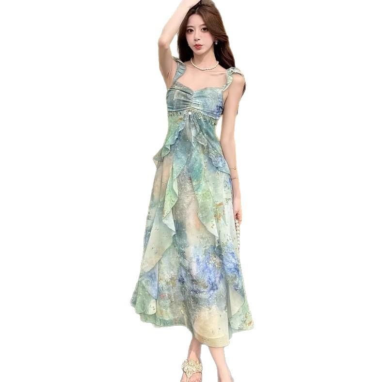 French fashion dress women's summer summer drape thin floral suspender skirt design seaside vacation style long dress