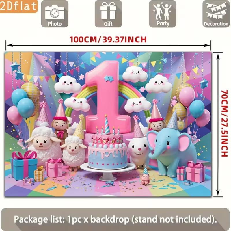 2D 1st Birthday Photography Backdrop Cartoon Animals & Rainbow Baby Shower Background