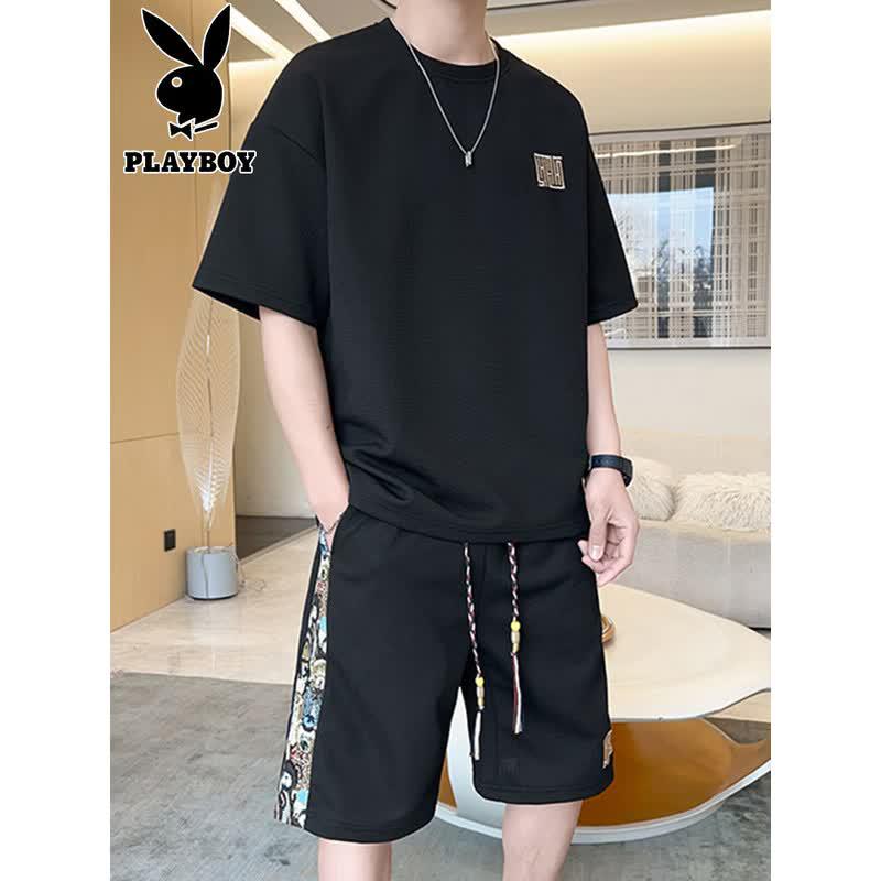 PLAYBOY Men's Waffle Ice Silk T-Shirt & Shorts Set