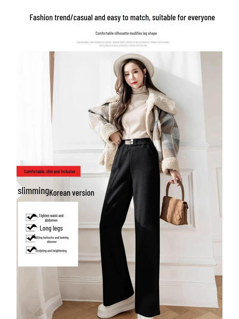 Petite Beige Fleece Chenille Wide-Leg Pants - Women’s High-Waisted Slim-Fit, Autumn/Winter Casual Straight-Leg XS-150