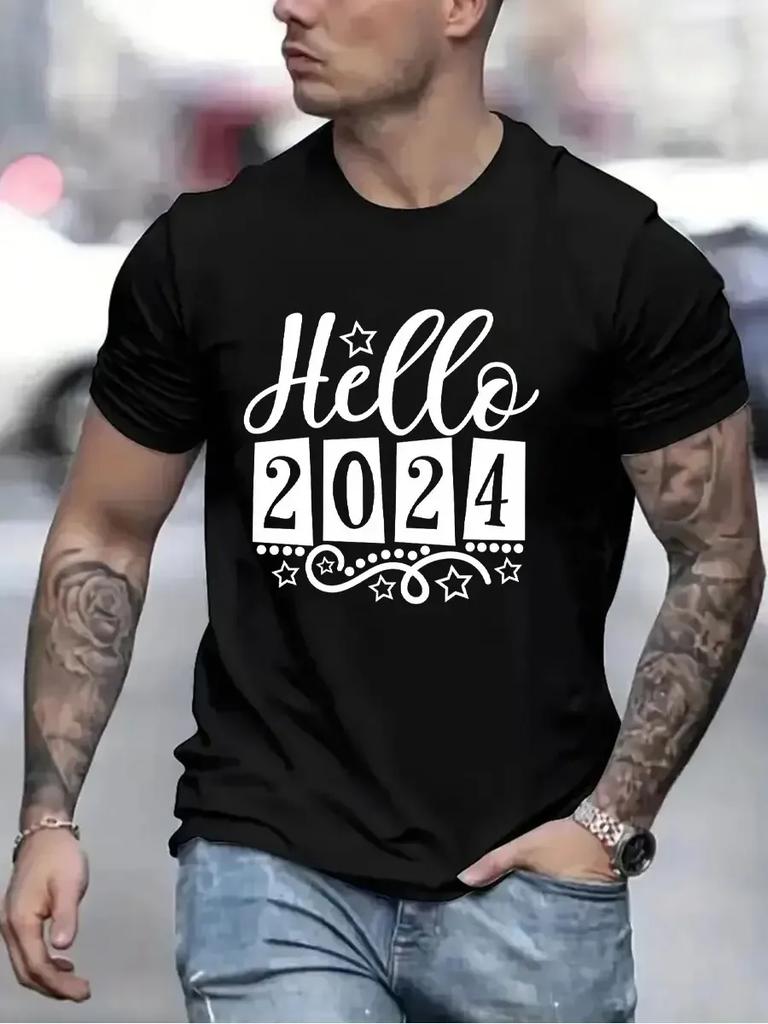 Hallo 2024 Herren Marken T-Shirts Lustig Frohes Neues Jahr 2024 Grafik Hip Hop Damen Herren T-Shirts Streetwear Ulzzang Harajuku T-Shirt