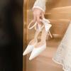 Fashion Light Mouth Satin Buckle Strap Bow Hollow Exquisite Sandals Pointed Toe Stiletto Women's Fashion Exquisite Banquet High Heels