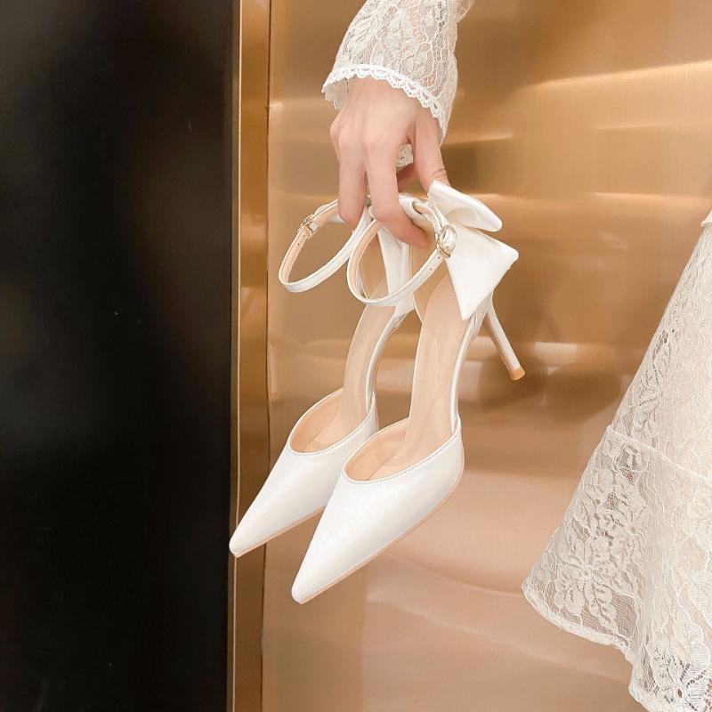 Fashion Light Mouth Satin Buckle Strap Bow Hollow Exquisite Sandals Pointed Toe Stiletto Women's Fashion Exquisite Banquet High Heels