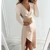 2023 V-Neck Irregular Long Dress: European & American Solid Color Slimming Long Sleeve