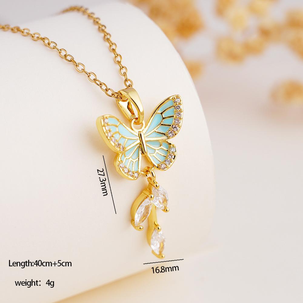 

Sweet Colorful Enamel Butterfly with Zircon Pendant Necklace for Women Girls Stainless Steel Chain Cute Jewelry Gifts