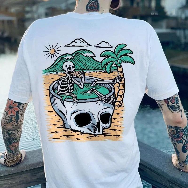 Summer Men's Letter Skull Print Round Neck T-shirt Punk Retro Trend Outdoor Pure Cotton Hip-hop High Street Short Sleeved Shirt