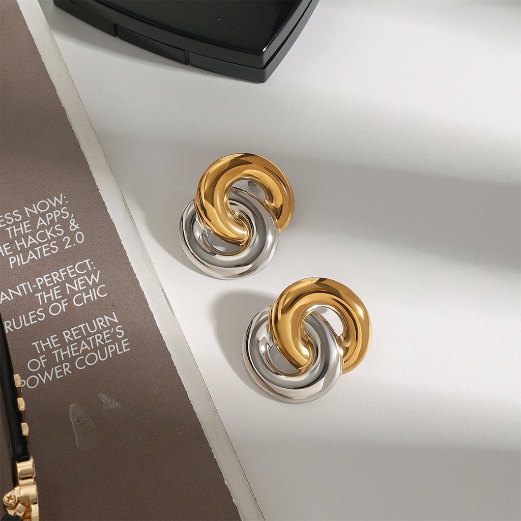 Yori Stainless Steel Double Circle Link Geometric Stud Earrings 18K PVD Plated Popular Jewelry Wholesales Accessories