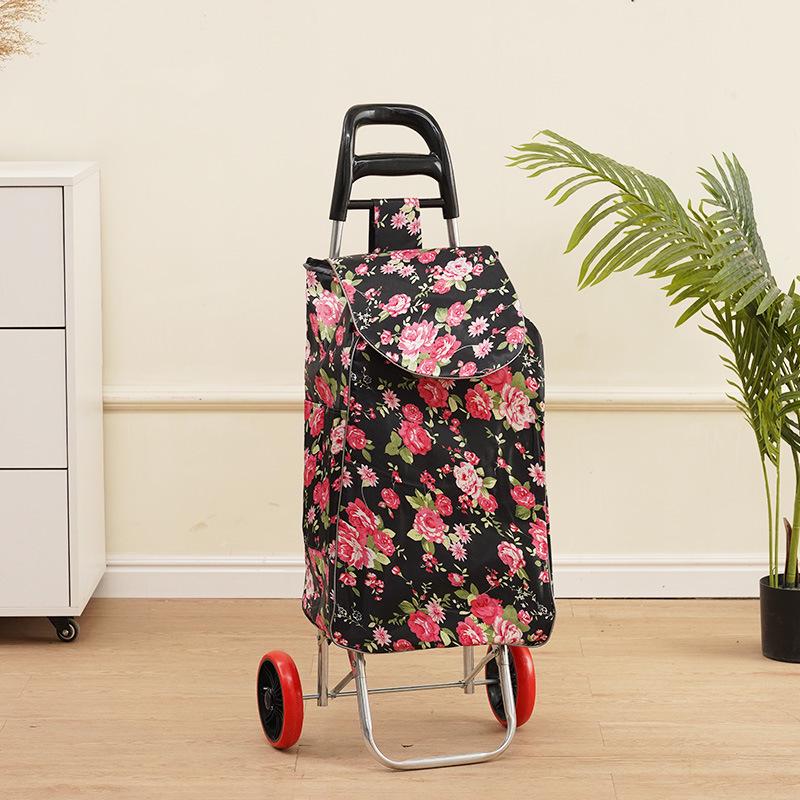 Portable Folding Trolley Cart for Seniors - Floral Pattern, Large Capacity for Grocery Shopping and Home Use