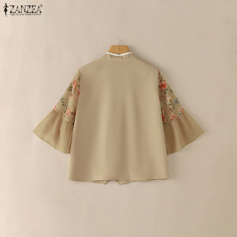 ZANZEA Women Elegant Casual Stand Collar Floral Print Splice 3/4 Sleeve Blouse