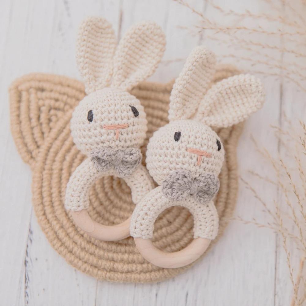 Crochet Baby Crochet Rattle Wood Ring Knitting Gym Toy Cartoon Bunny Rattles Toys  0-12 Months