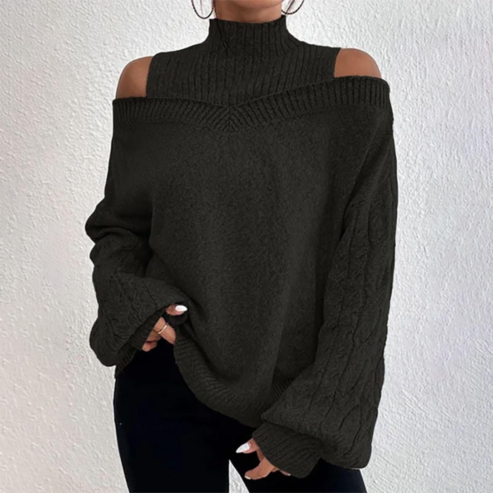 

Ladies And Winter Fashion Off Shoulder Turtleneck Warm Solid Color Long Sleeve Sweater L чёрный