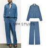 Patch Pocket Long Sleeves Lapel Denim Shirt 4387027 Thin Belt Wide Leg High Waist Denim 4387025
