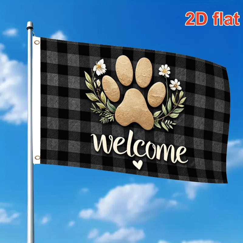 2D Flat - Single Large Flag Buffalo Plaid Dog Paw Daisy Floral Welcome Decor 2D Flat Print Festival Design, Single-Sided, Two Hanging Rings, Outdoor Y
